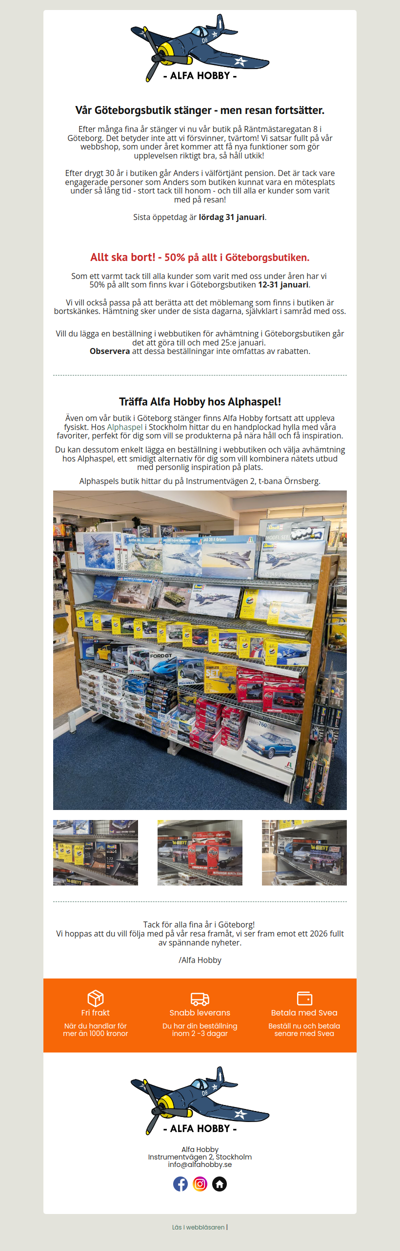 Utförsäljning på Alfa Hobby i Göteborg - 50% på allt!