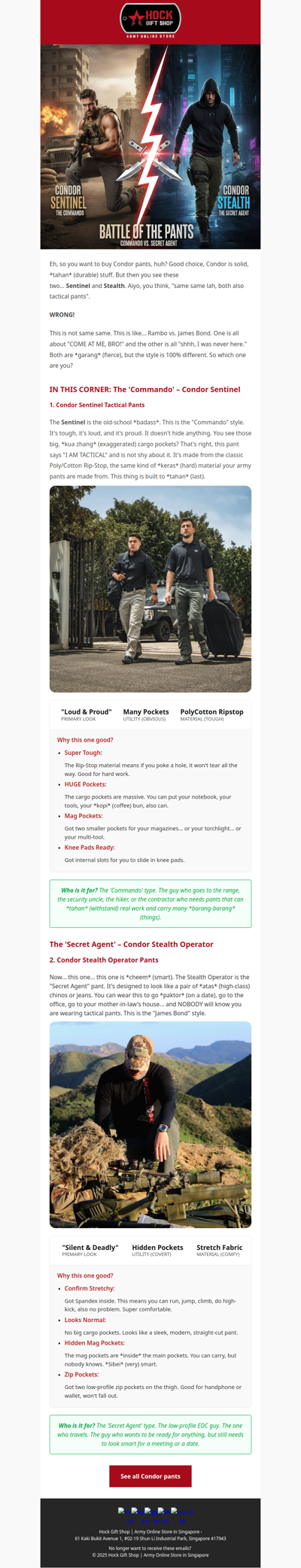 Eh , Rambo or James Bond? Which pant are you?