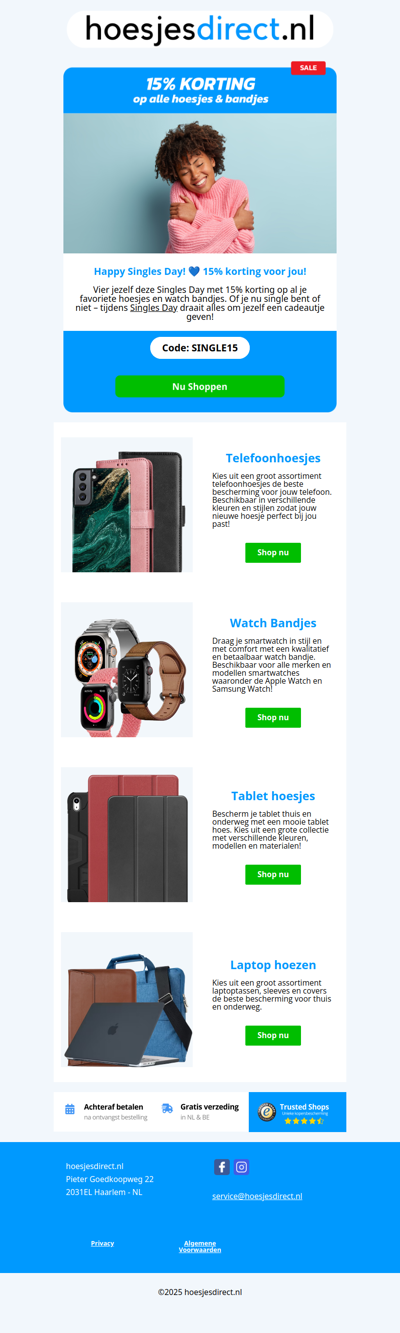 💙 Singles Day Sale – 15% korting op alle hoesjes & bandjes!