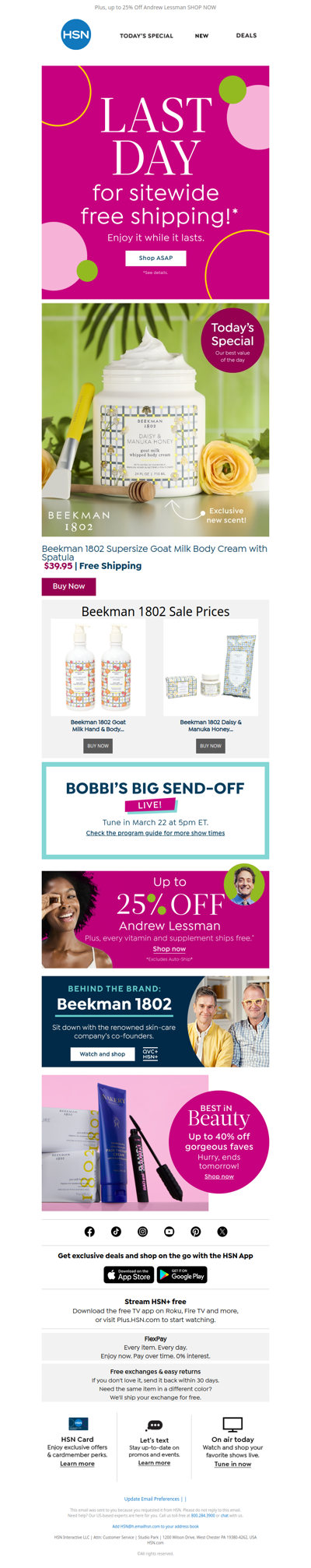 Free Ship Ends Tonight + Beekman 1802 Deal Inside