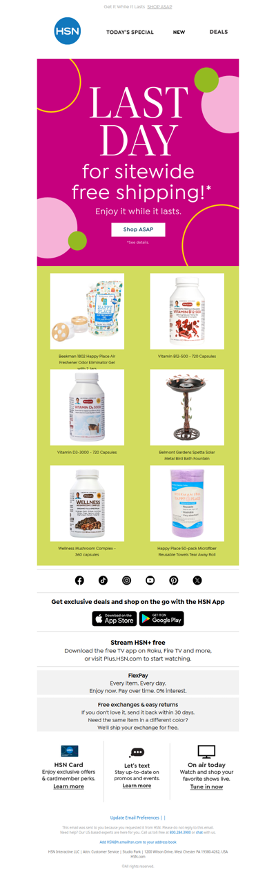 Last Day for Free Shipping on *Everything*