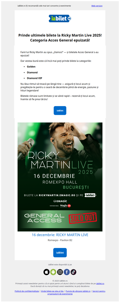 Prinde ultimele bilete la Ricky Martin Live 2025! Categoria Acces General epuizată!