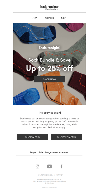 Save up to 25% on socks ends TONIGHT!