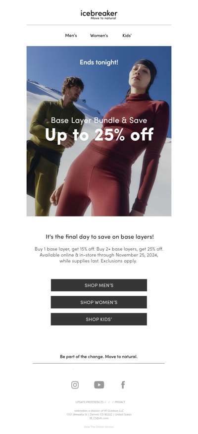 Last day for up to 25% off base layers