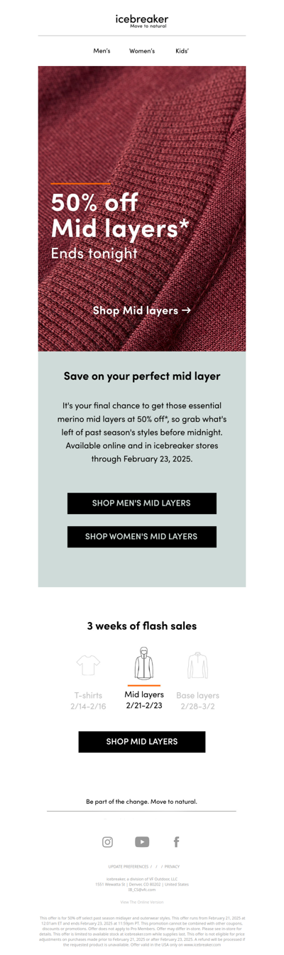 Ends tonight: 50% off mid layers!