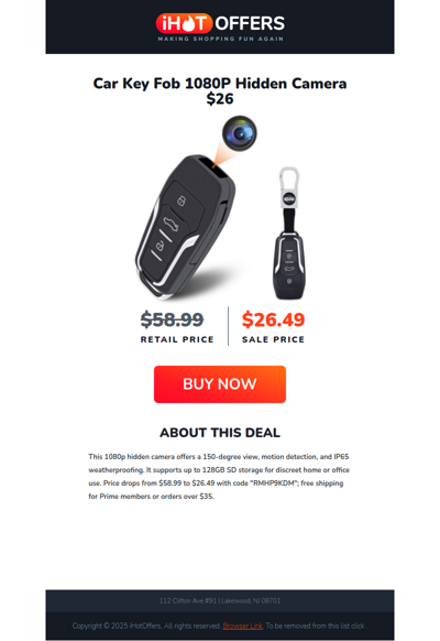 Hidden Camera Car Key Fob - $26