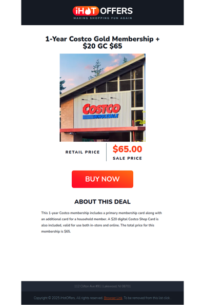 Costco Membership + $20 Gift Card – Only $65!