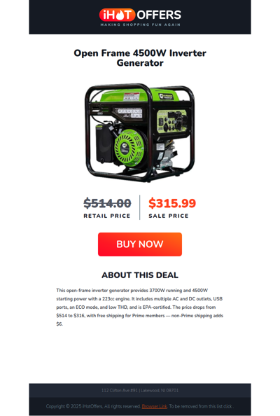 Open Frame 4500W Inverter Generator - $315