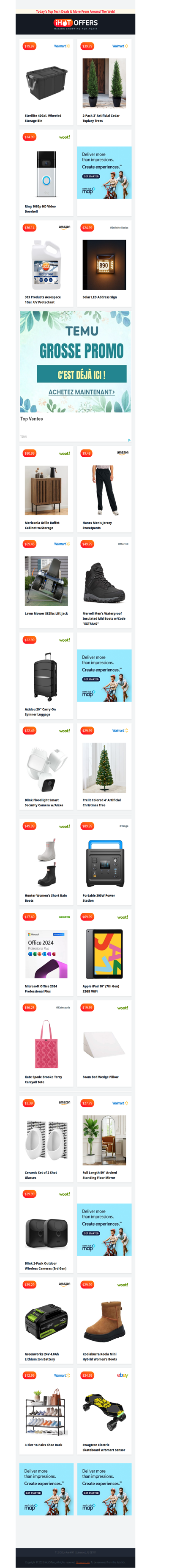 Wheeled Tote $20 • Ring Doorbell $15 • 2 Cedar Trees $39 • Solar Address Sign $24 • 2 Blink Outdoor Cameras $29 • Full Arched Mirror $29 • Mower Lift Jack $69