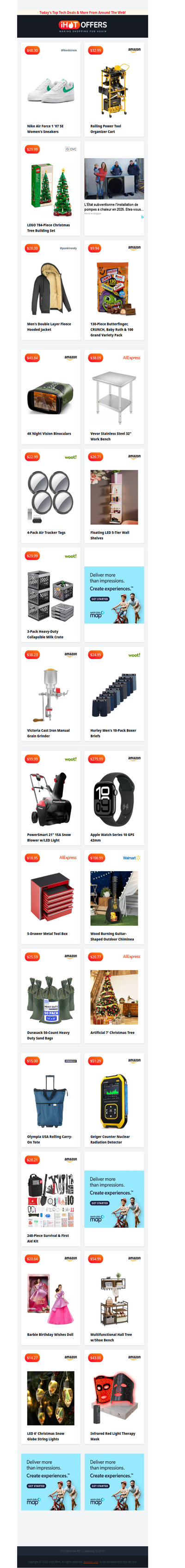 Nike Air Force 1 $48 • Power Tools Cart $32 • LEGO Xmas Tree $29 • 10 Hurley Boxers $24 • eSnow Blower $99 • 50 Sand Bags $25 • 248pc Survival Kit $28