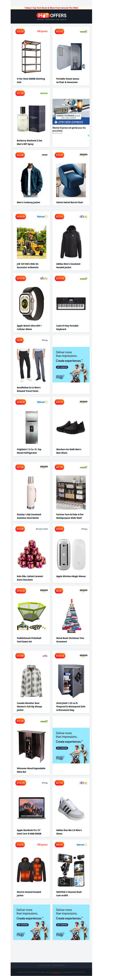 Steel Shelving $26 • Steam Sauna $53 • Burberry Cologne $31 • Ride On Excavator $169 • Adidas Jacket $27 • Casio Keyboard $279 • Apple Watch Ultra $279