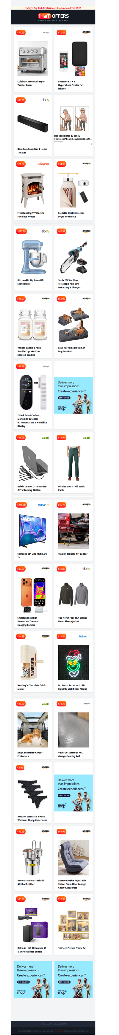 Cuisinart Oven $77 • Photo Printer $10 • eFireplace Heater $21 • Bose Soundbar $99 • 2 Yankee Candles $21 • North Face Jacket $36 • Dog Car Barrier $33
