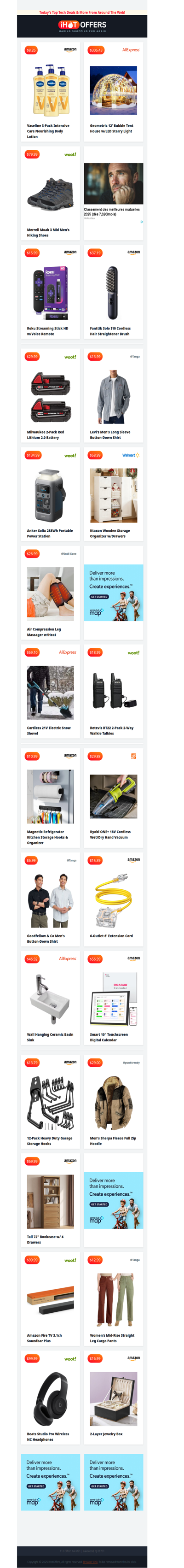 Bubble Tent $306 • 2 Milwaukee Batteries $29 • Merrell Shoes $79 • Roku Stick $16 • Levi's Shirt $14 • Cordless Hair Straightener $37 • Ryobi Vacuum $29