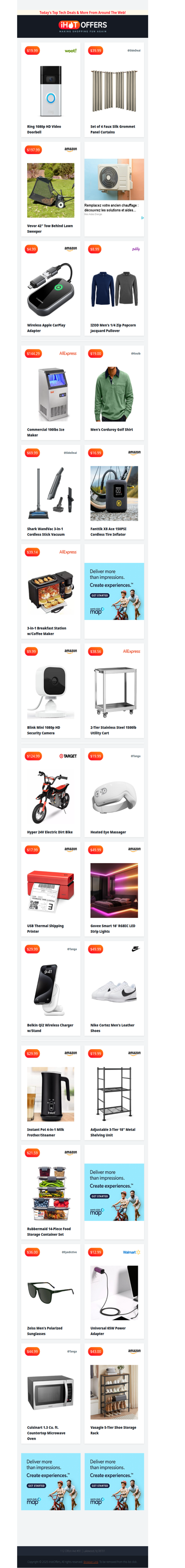 Ring Doorbell $20 • Silk Curtains $39 • Tow Lawn Sweeper $197 • Wireless CarPlay $5 • IZOD Pullover $9 • Commercial Ice Maker $144 • 24V Dirt Bike $124