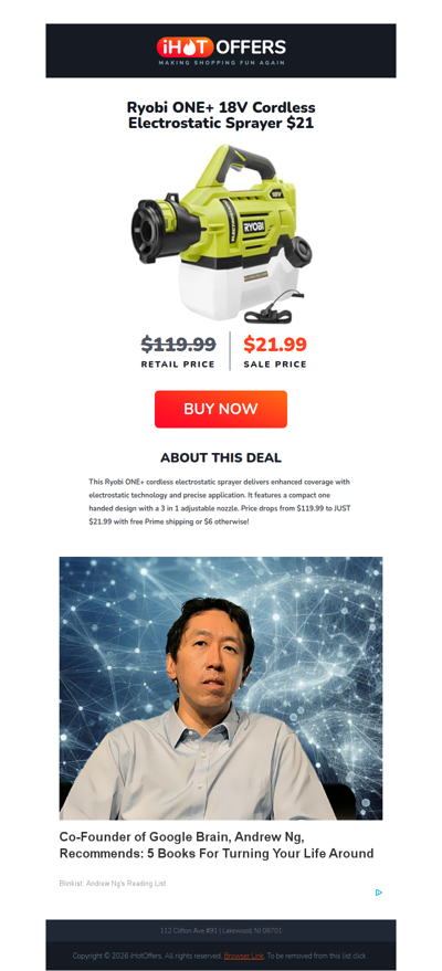 Ryobi Cordless Electrostatic Sprayer - $21