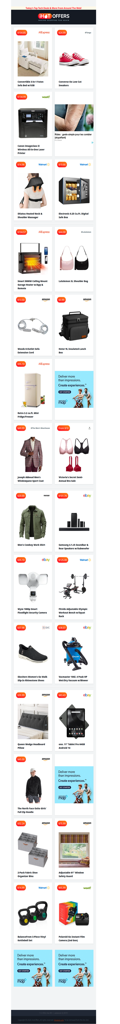 Sofa Bed $104 • Canon Laser Printer $134 • Smart Garage Heater $104 • Lunch Cooler $4 • Digital Safe $19 • Retro Fridge/Freezer $95 • Converse Sneakers $24