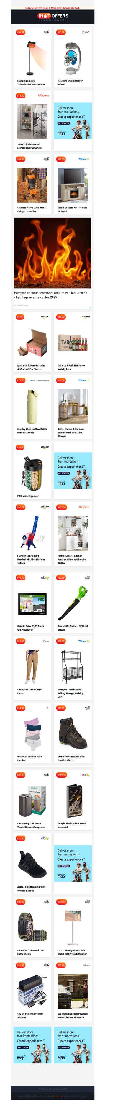 Patio Heater $64 • Foldable Shelving $18 • NFL Hovering Helmet $40 • Fireplace TV Console $92 • Wood Chipper $54 • Franklin Pitching Machine $35