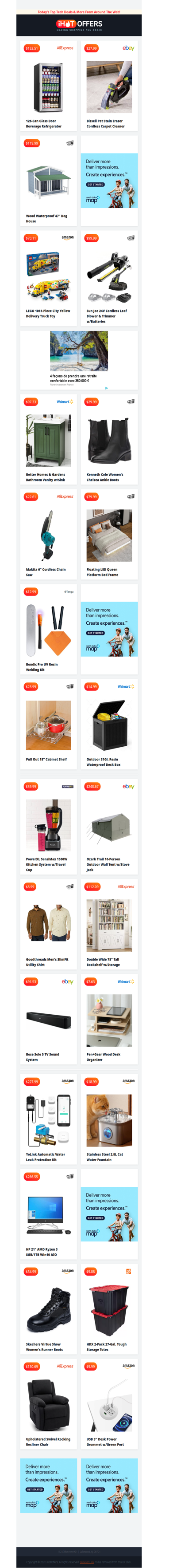 Bissell Carpet Cleaner $27 • Glass Fridge $152 • LEGO Delivery Truck $70 • Bose Soundbar $91 • Makita Chainsaw $22 • Floating Bed $79