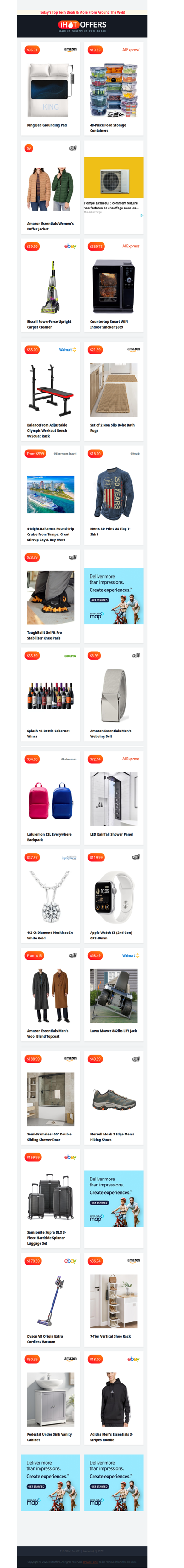 King Grounding Pad $35 • Amazon Puffer $9 • 48 Food Containers $13 • Indoor Smoker $364 • Olympic Workout Bench $35 • 18 Cabernet Wines $55 • 2 Boho Rugs $21