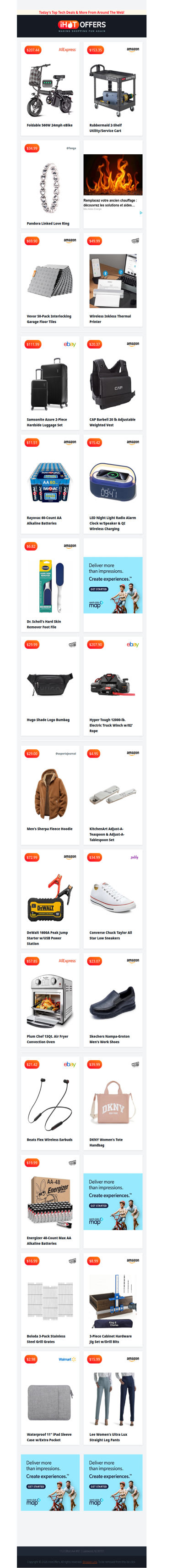 Fold eBike $207 • Pandora Ring $34 • Rubbermaid Service Cart $153 • Garage Floor Tiles $69 • Travel Printer $49 • 2-Samsonite Luggage $111 • Weighted Vest $20