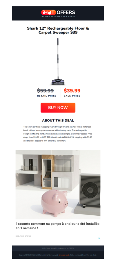 Shark Cordless Floor/Carpet Sweeper - $39