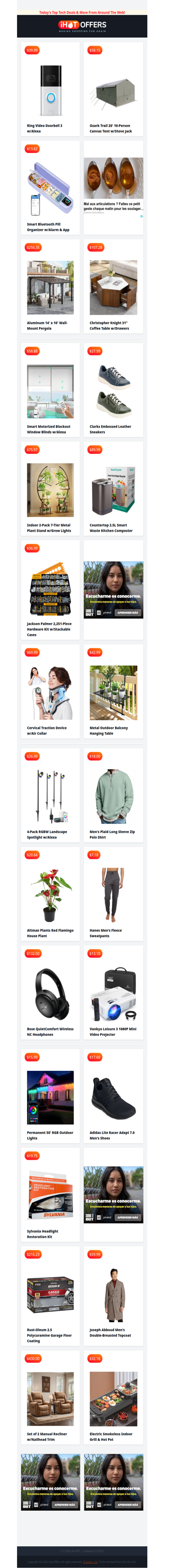 Ring Doorbell 3 $39 • 20' Canvas Tent $58 • Smart Pill Organizer $13 • Kitchen Composter $89 • Power Blinds $58 • Clarks Sneakers $27 • 14' Pergola $256