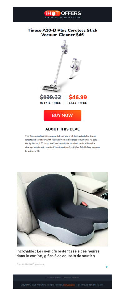 Tineco Cordless Stick Vacuum - $46