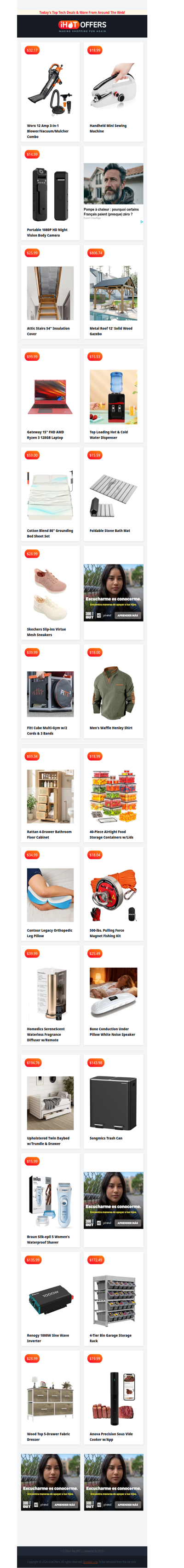 Sewing Machine $19 • Leaf Vac/Mulcher $32 • Body Camera $15 • Attic Insulation $25 • King Grounding Sheets $59 • Water Dispenser $15 • Stone Bath Mat $15