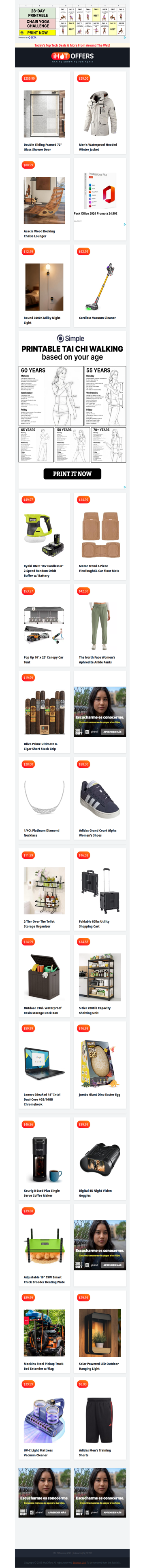 Hooded Jacket $29 • Acacia Lounger $88 • Ryobi Buffer $49 • Cordless Vacuum $62 • Glass Shower Door $259 • Pop Up 20' Canopy $53 • North Face Pants $42