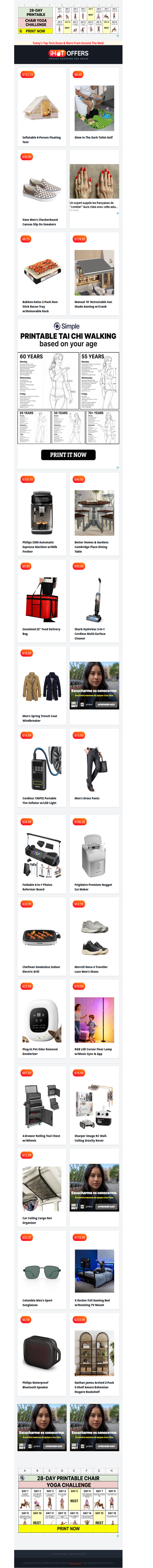 Inflatable Yurt $152 • Vans Sneakers $36 • Retractable Awning $174 • Toilet Golf $8 • Dining Table $96 • Philips Espresso $359 • Columbia Sunglasses $32