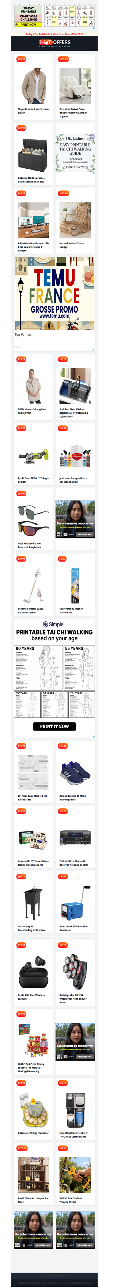 Linen Blazer $26 • Oversized Recliner $189 • 100gl Deck Box $49 • Desk Lamp $34 • DKNY Vest $39 • Digital Kitchen Sink $70 • Ryobi Angle Grinder $49