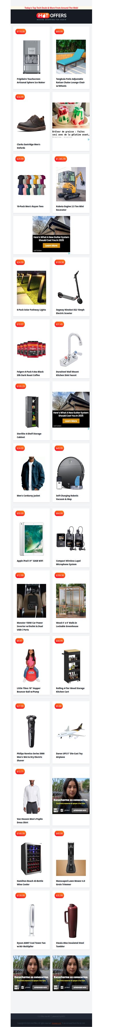 Sphere Ice Maker $118 • 2.5T Excavator $1385 • Patio Lounger $69 • Clarks Oxfords $34 • 10 Tees $29 • Segway eScooter $109 • Sterilite Cabinet $105