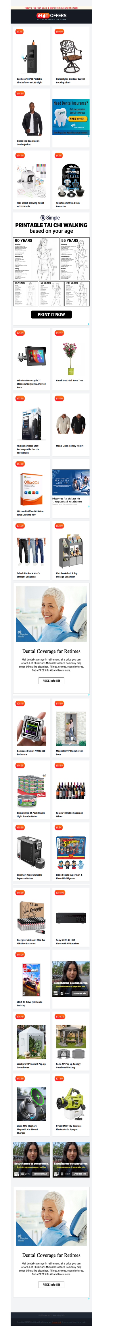 Cordless Inflator $10 • Patio Swivel Chair $59 • Guess Denim Jacket $68 • Drawing Robot $34 • Drain Protector $7 • Motorcycle Carplay $75 • Linen Tee $15