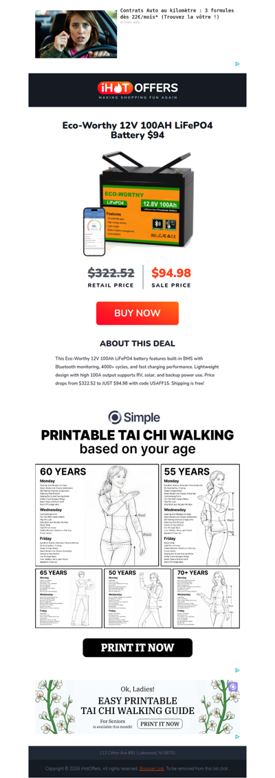 Eco-Worthy 12V 100AH LiFePO4 Battery - $94