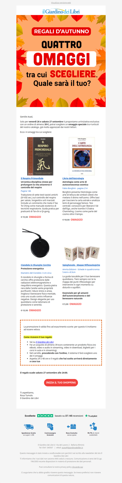 ⚡️ Regali d'Autunno: 4 OMAGGI tra cui scegliere. Quale sarà il tuo?