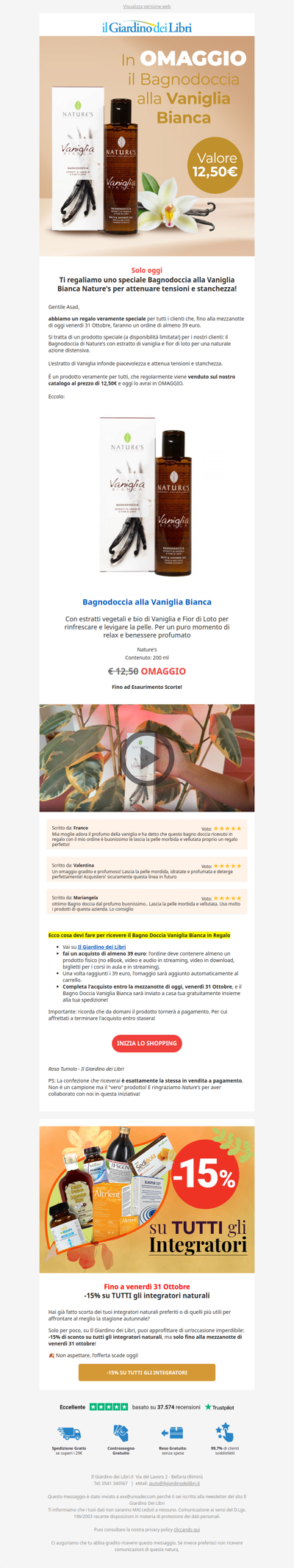 (Solo Oggi) In OMAGGIO il Bagnodoccia alla Vaniglia Bianca - Valore 12,50€