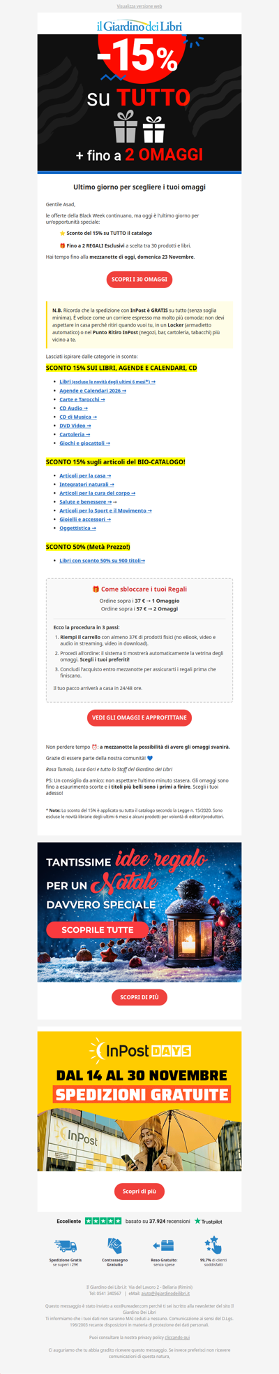 ⚡️ Black Week: ultimo giorno per scegliere 2 OMAGGI (-15% su TUTTO)