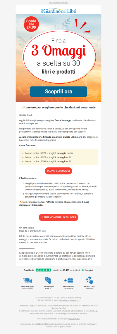 ⏰ ULTIMO GIORNO: scegli 3 omaggi tra 30 (scade a mezzanotte)