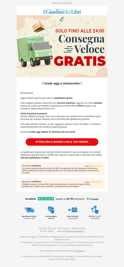 ⏰ ULTIMO GIORNO per la Consegna GRATIS sul tuo primo acquisto!