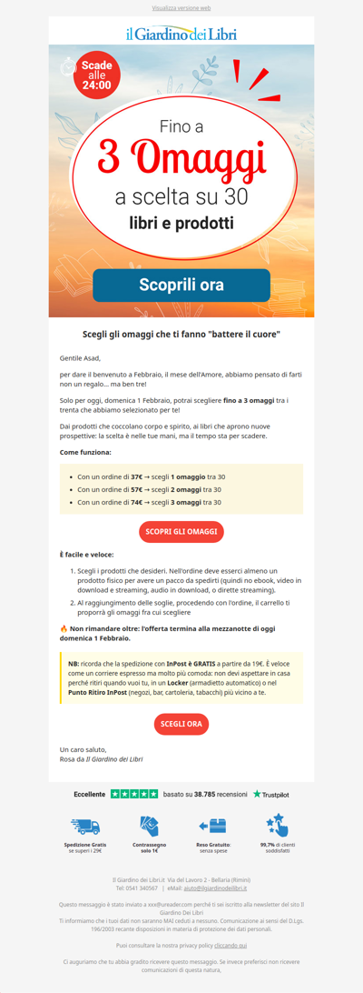 ⏰ SOLO OGGI: scegli 3 omaggi tra 30 (scade a mezzanotte)