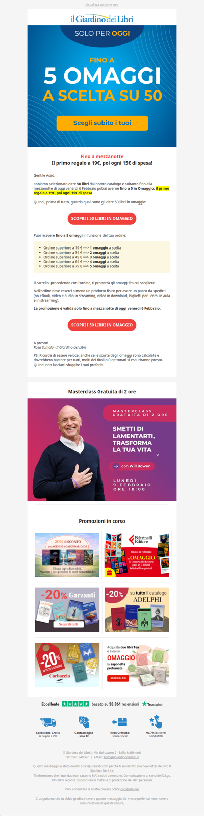 🎁 (Solo oggi) Fino a 5 libri in regalo: il primo a 19€, poi ogni 15€ di spesa