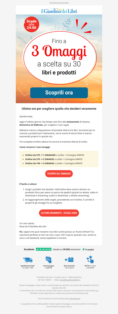 ⏰ ULTIMO GIORNO: scegli 3 omaggi tra 30 (scade a mezzanotte)