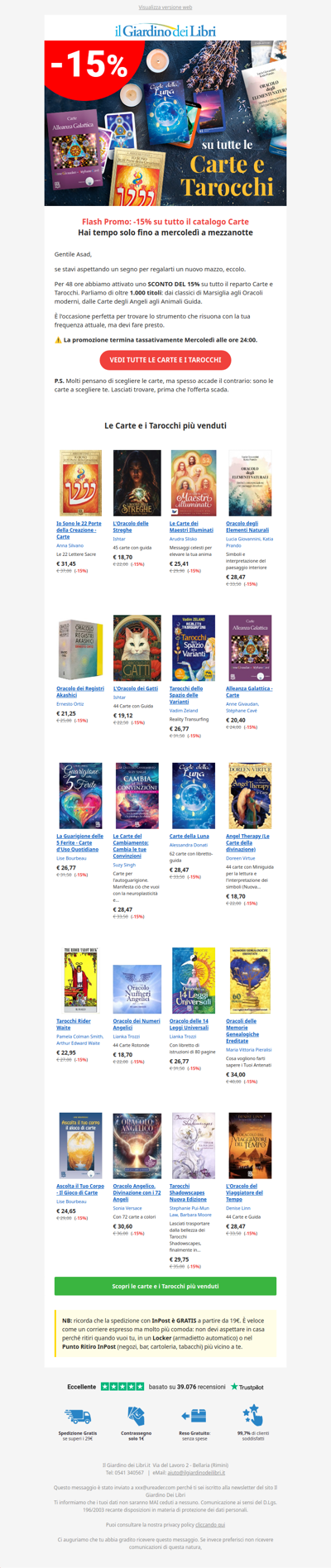 ⏳ Solo fino a mercoledì: -15% su tutti i Tarocchi e le Carte