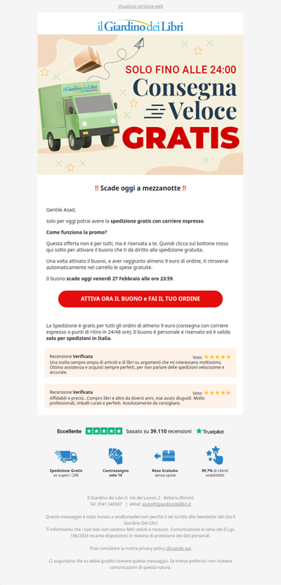 (SOLO OGGI) Per te la Spedizione è GRATUITA