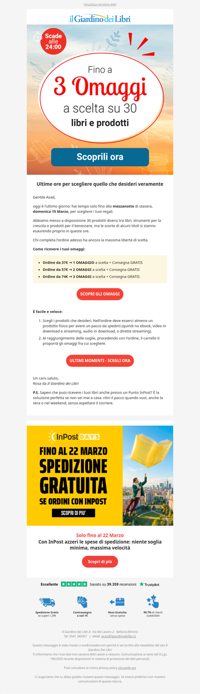 ⏰ ULTIMO GIORNO: scegli 3 omaggi tra 30 (scade a mezzanotte)