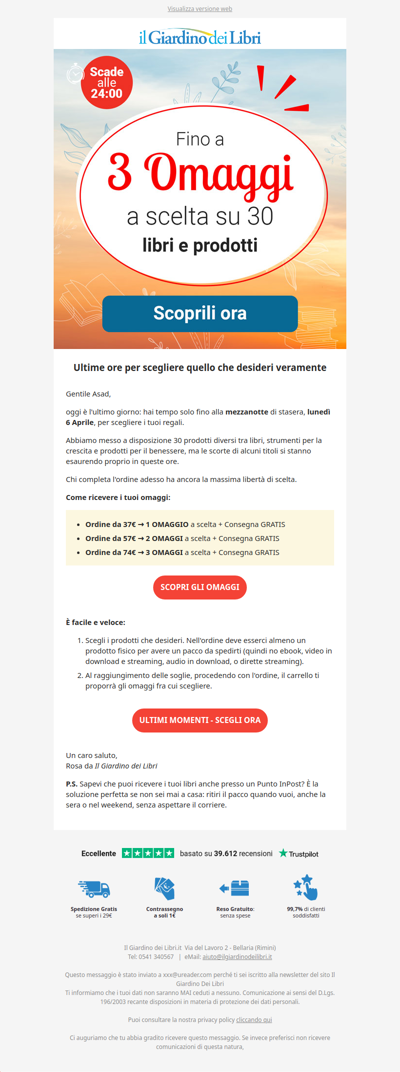 ⏰ ULTIMO GIORNO: scegli 3 omaggi tra 30 (scade a mezzanotte)