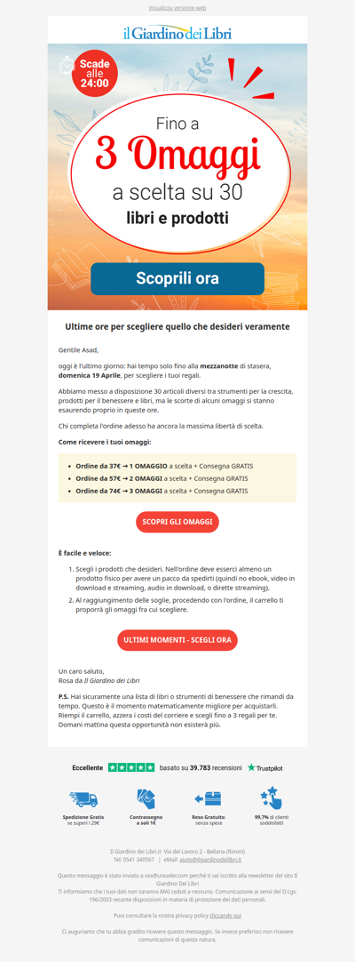 ⏰ (Ultimo Giorno) Oggi puoi ricevere fino a 3 OMAGGI a scelta su 30!