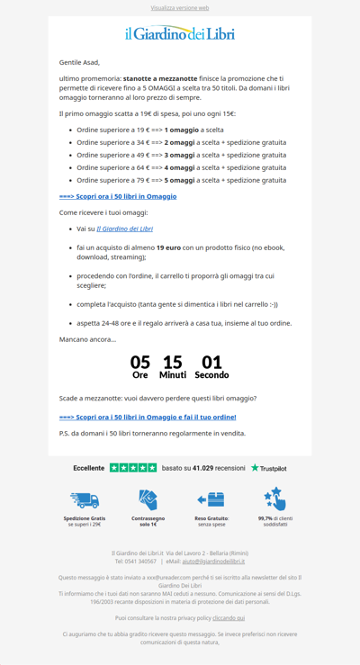 ⏳ PROMEMORIA FINALE: fino a 5 libri GRATIS - Scade a mezzanotte