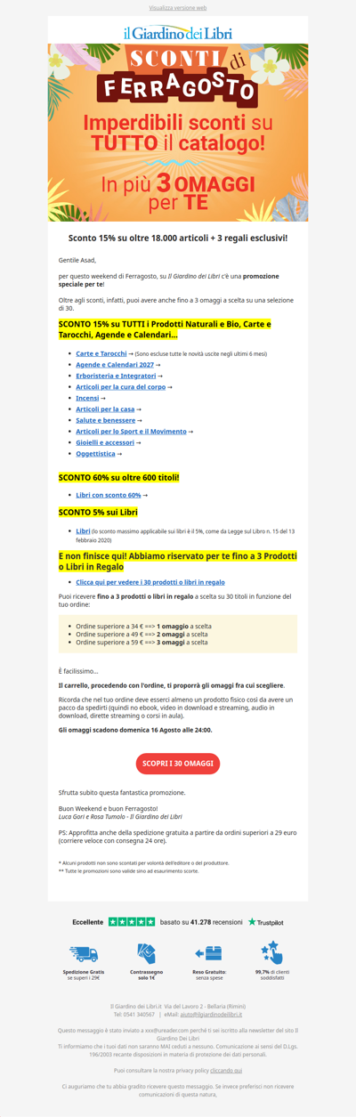 ★ Sconti di Ferragosto su tutto il catalogo + 3 OMAGGI ★