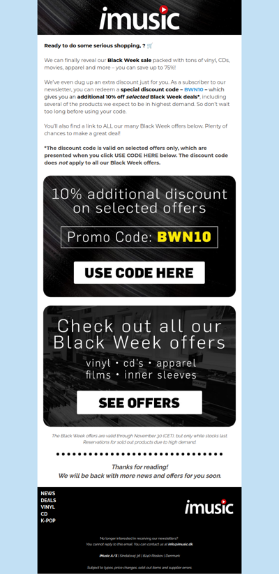 Black Week is on + extra 10% off selected deals for you!